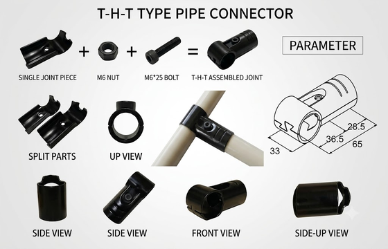 Durable Metal Pipe Connectors for Industrial Pipe Rack Systems and Material Handling Equipment with Reusable Black Finish